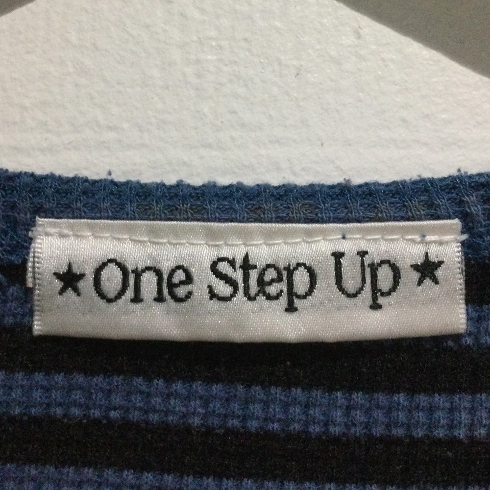 One Step Up Blue Fitted Stripes Cap Sleeve Tee - Picture 2 of 5